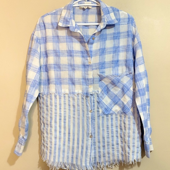 Entro Blue & White Plaid & Stripe Colour Blocked Cotton Button Up Shirt - Picture 2 of 13